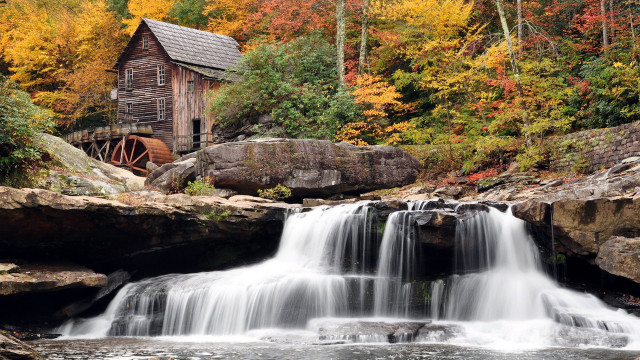 Waterfall wooden building fall foliage free wallpaper for desktop - medium preview image