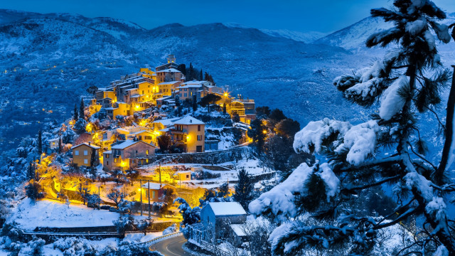 Large building mountain lights snow free wallpaper for desktop - medium preview image