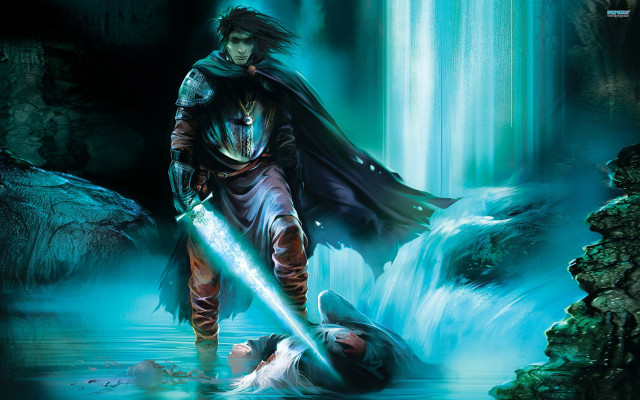 Man caped outfit sword river free wallpaper for desktop - medium preview image