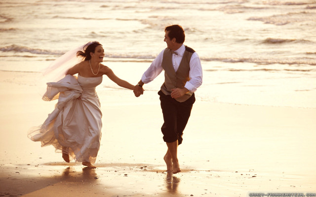 Bride groom walking beach holding free wallpaper for desktop - medium preview image