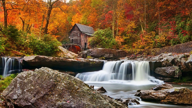 Waterfall house stream rocks background free wallpaper for desktop - medium preview image