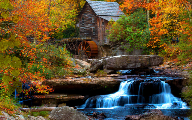 Waterfall wooden mill fall foliage free wallpaper for desktop - medium preview image