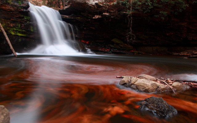 Waterfall red substance rocks foreground free wallpaper for desktop - medium preview image