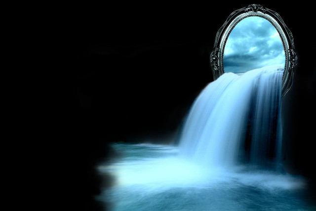 Waterfall mirror reflection sky clouds free wallpaper for desktop - medium preview image