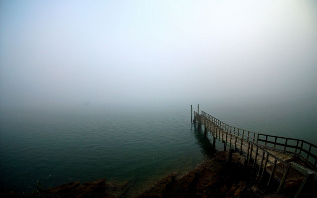 Pier foggy day people boat free wallpaper for desktop - medium preview image