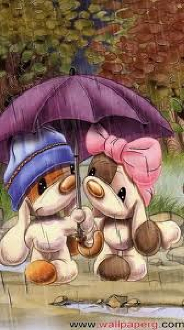 Teddy bears umbrella rain painting free wallpaper for mobile - medium preview image