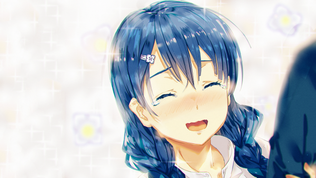 Blue hair girl smiling light free wallpaper for desktop - medium preview image