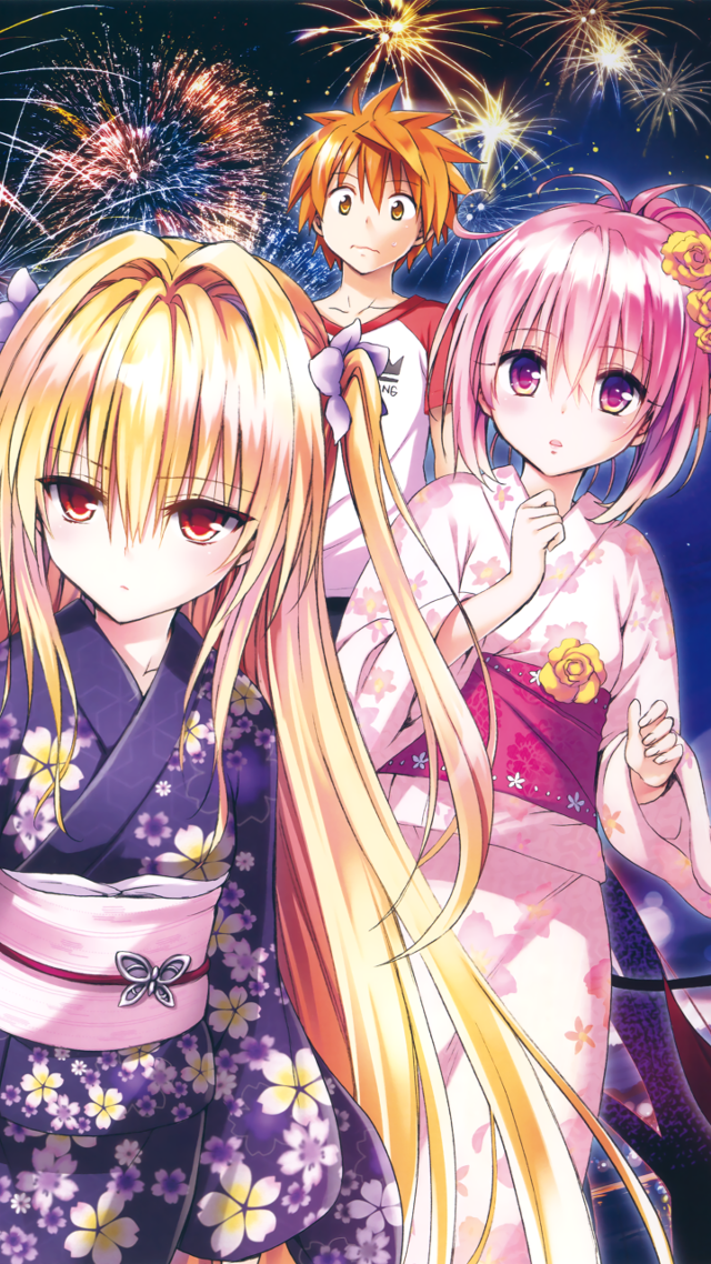 Anime girls fireworks kimono group free wallpaper for mobile - medium preview image