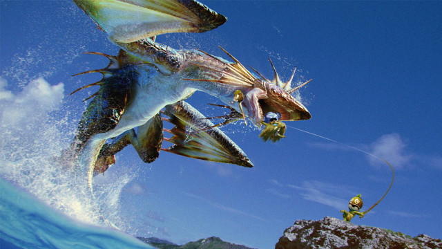 Large fish jumping surfboard man free wallpaper for desktop - medium preview image