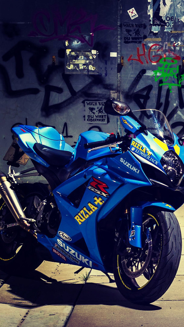 Blue motorcycle graffiti wallsidewalk photorealism free wallpaper for mobile - medium preview image