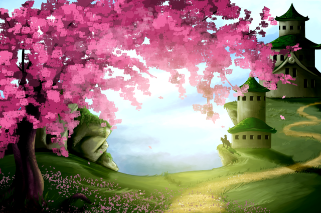 Pink tree castle path painting free wallpaper for desktop - medium preview image