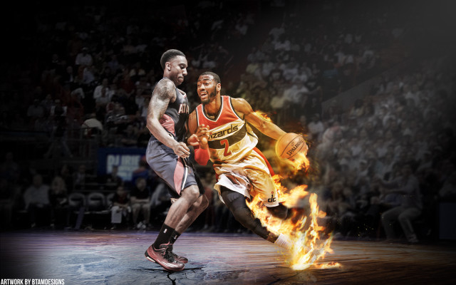 Basketball players flames court spectators free wallpaper for desktop - medium preview image