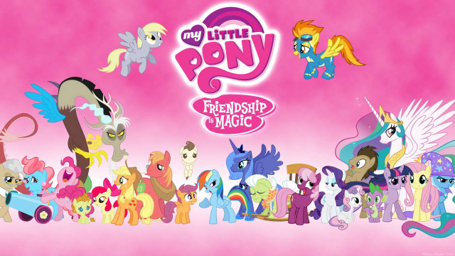 Little pony group pink background free wallpaper for desktop - medium preview image