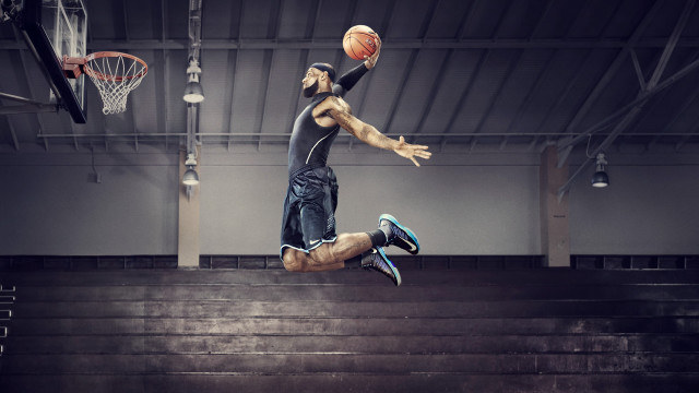 Man jumping basketball air hand free wallpaper for desktop - medium preview image