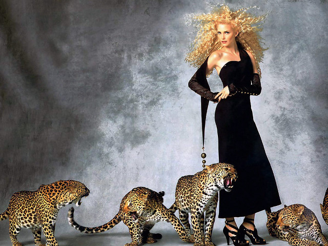 Woman black dress leopards cat free wallpaper for desktop - medium preview image