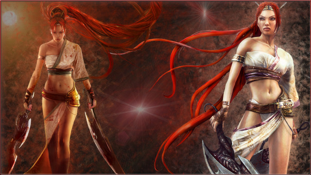 Red haired women swords fantasy free wallpaper for desktop - medium preview image