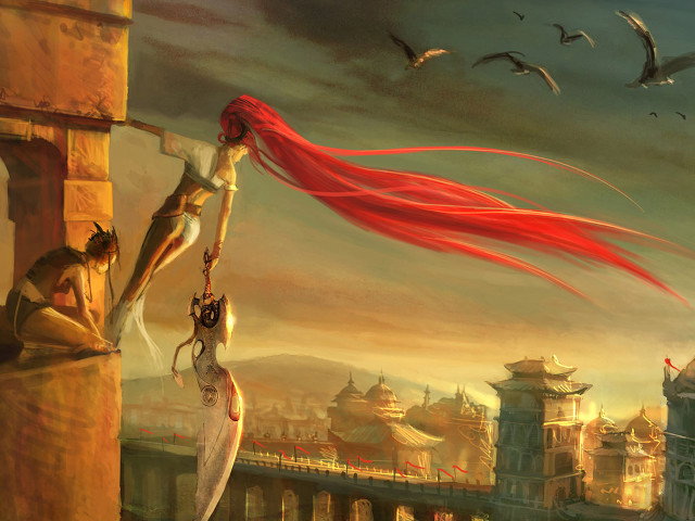 Woman hanging building red hair free wallpaper for desktop - medium preview image