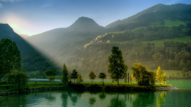 Lake mountains trees sunbeam clouds free wallpaper for desktop - medium preview image