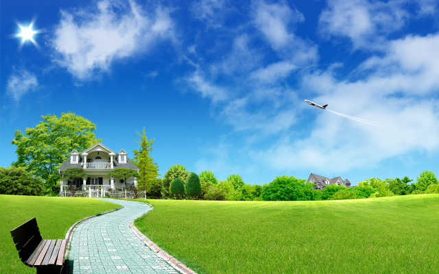 Bench grass field house kite free wallpaper for desktop - medium preview image