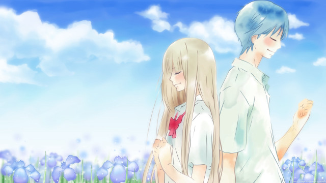 Flower field couple blue hair free wallpaper for desktop - medium preview image