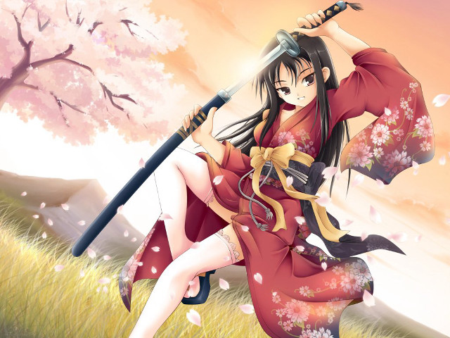 Woman red dress sword flowered free wallpaper for desktop - medium preview image
