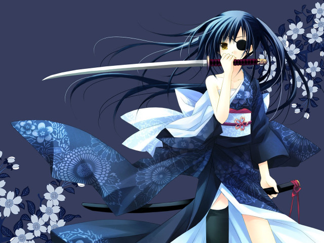 Woman blue dress sword flower free wallpaper for desktop - medium preview image