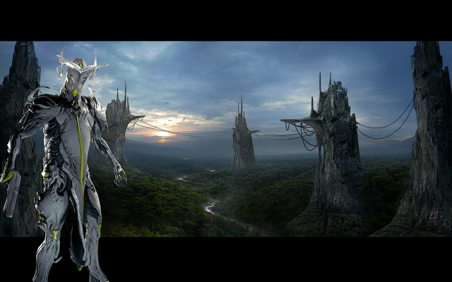 Futuristic woman suit forest castle free wallpaper for desktop - medium preview image