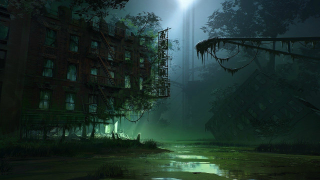 Dark forest building light distance free wallpaper for desktop - medium preview image