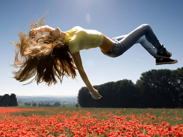 Woman flying field flowers blue free wallpaper for desktop - medium preview image