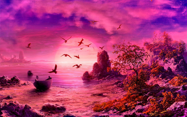 Boat water birds flying castle free wallpaper for desktop - medium preview image