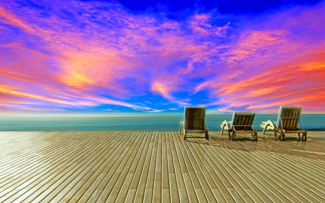 Ocean deck chairs bridge sunset free wallpaper for desktop - medium preview image