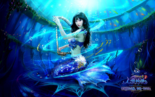 Mermaid blue fish ocean bubbles free wallpaper for desktop - medium preview image