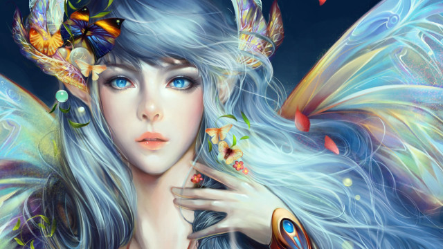 Woman blue hair butterfly head free wallpaper for desktop - medium preview image