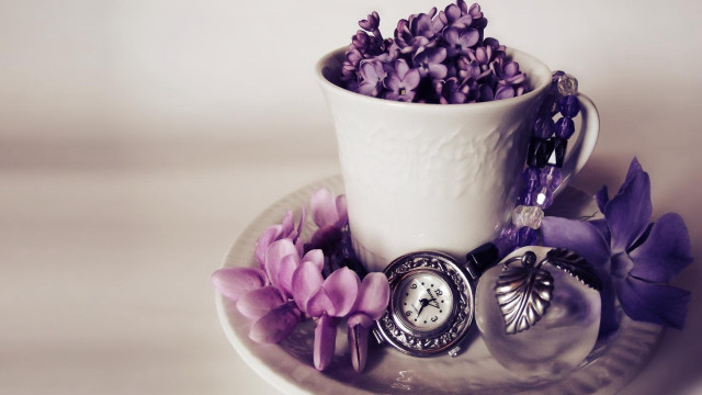 Cup flowers clock plate flower free wallpaper for desktop - medium preview image