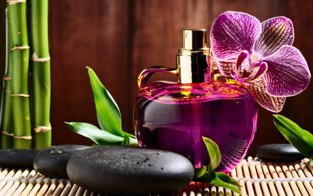 Perfume bottle bamboo mat orchid free wallpaper for desktop - medium preview image