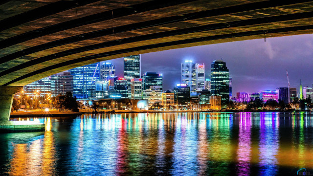 City skyline reflection water bridge free wallpaper for desktop - medium preview image