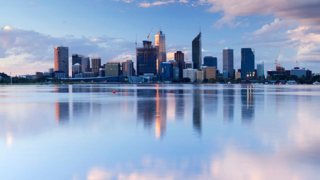City skyline reflection lake boat free wallpaper for desktop - medium preview image