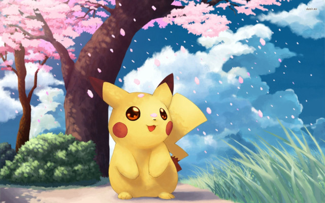 Pikachu tree pink flowers blue free wallpaper for desktop - medium preview image