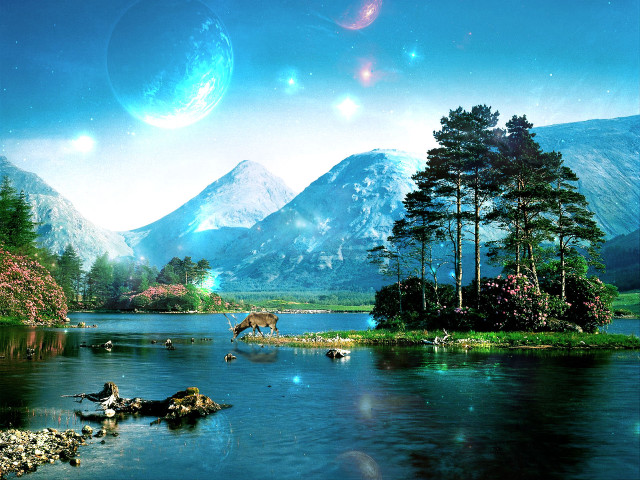 Mountain lake animals background stars free wallpaper for desktop - medium preview image