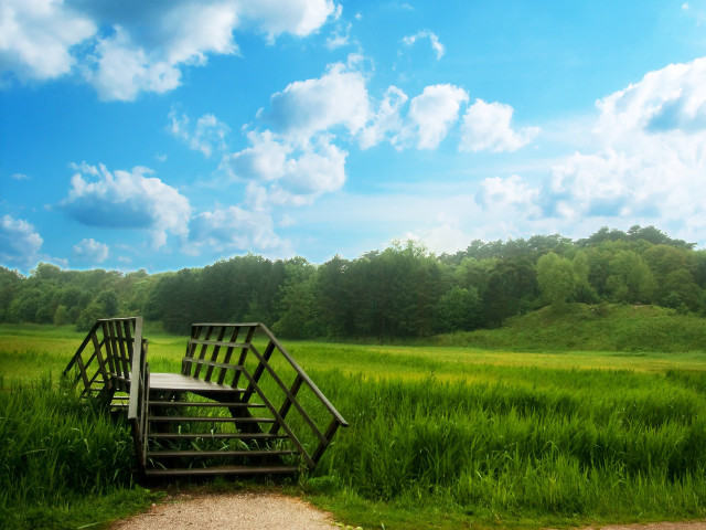 Wooden bench grass field sky free wallpaper for desktop - medium preview image