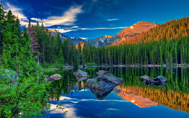 Mountain lake trees rocks blue free wallpaper for desktop - medium preview image