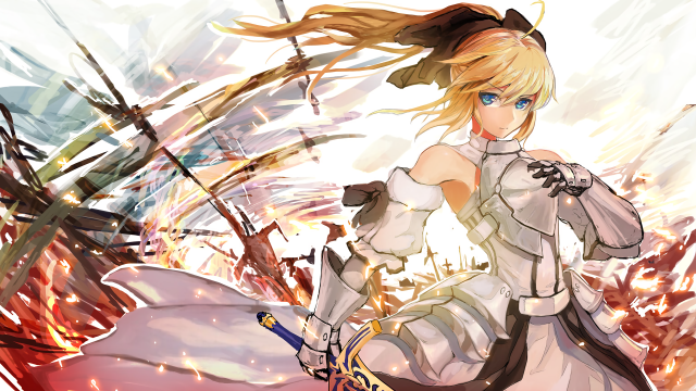 Woman white dress sword fire free wallpaper for desktop - medium preview image