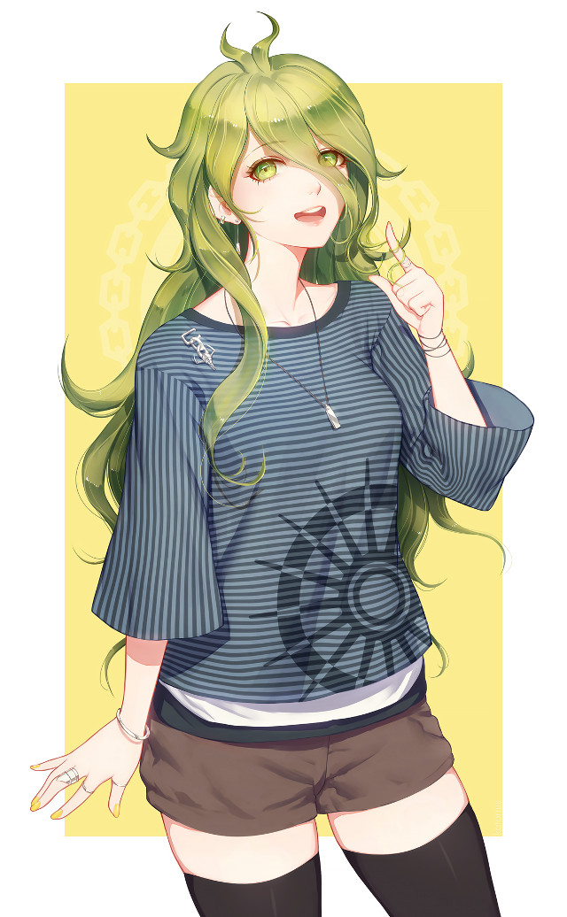 Green hair girl blue shirt free wallpaper for mobile - medium preview image