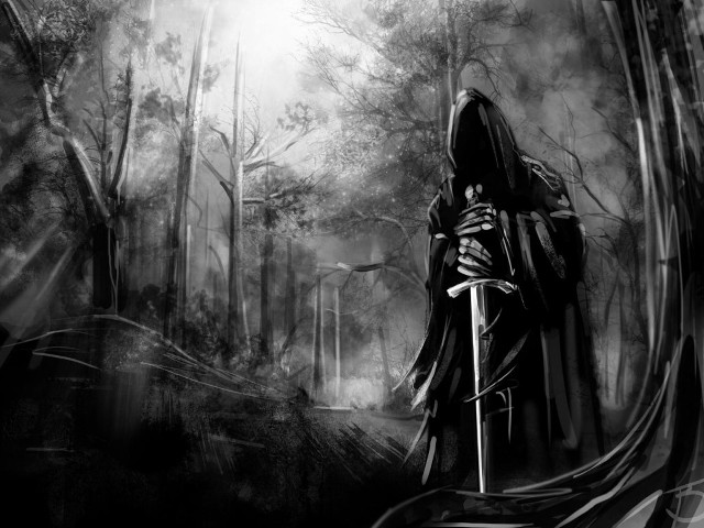 Man hooded robe sword forest #2 free wallpaper for desktop - medium preview image
