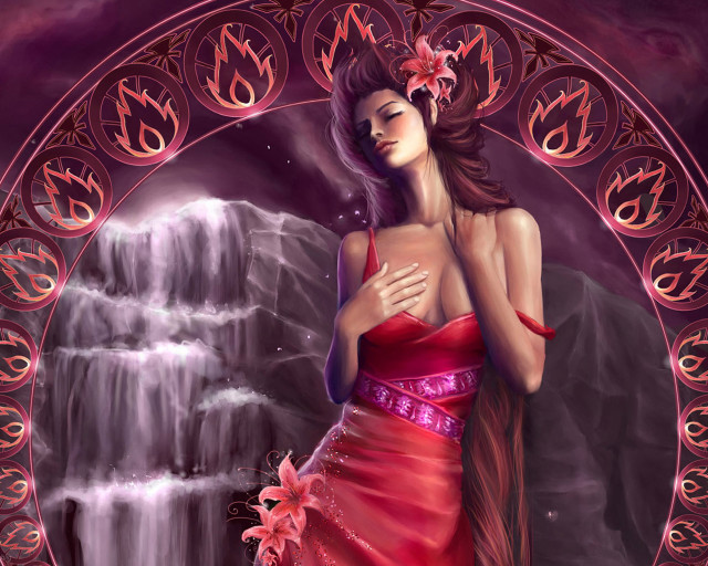 Woman red dress waterfall flower free wallpaper for desktop - medium preview image
