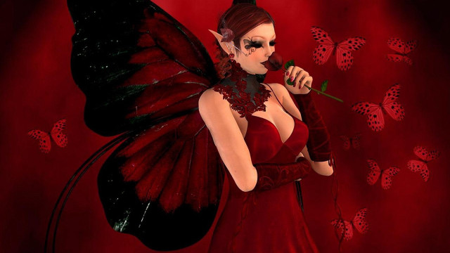 Woman red dress rose butterfly free wallpaper for desktop - medium preview image