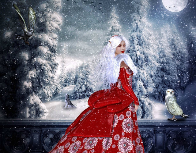 Woman red dress snowy landscape free wallpaper for desktop - medium preview image