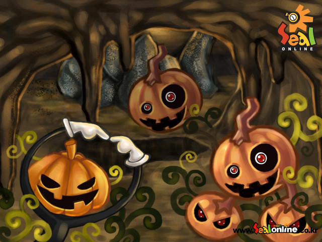 Pumpkins with faces in forest free wallpaper for desktop - medium preview image
