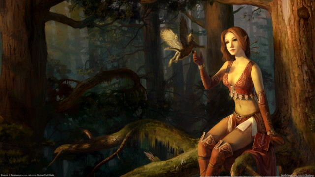 Woman bikini bird forest trees free wallpaper for desktop - medium preview image