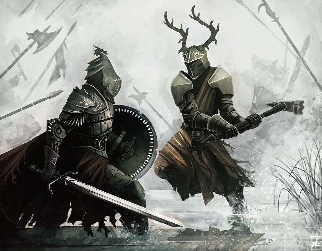 Two knights armor swords deer free wallpaper for desktop - medium preview image